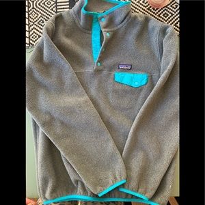 Gray and teal Patagonia-fleece pullover!